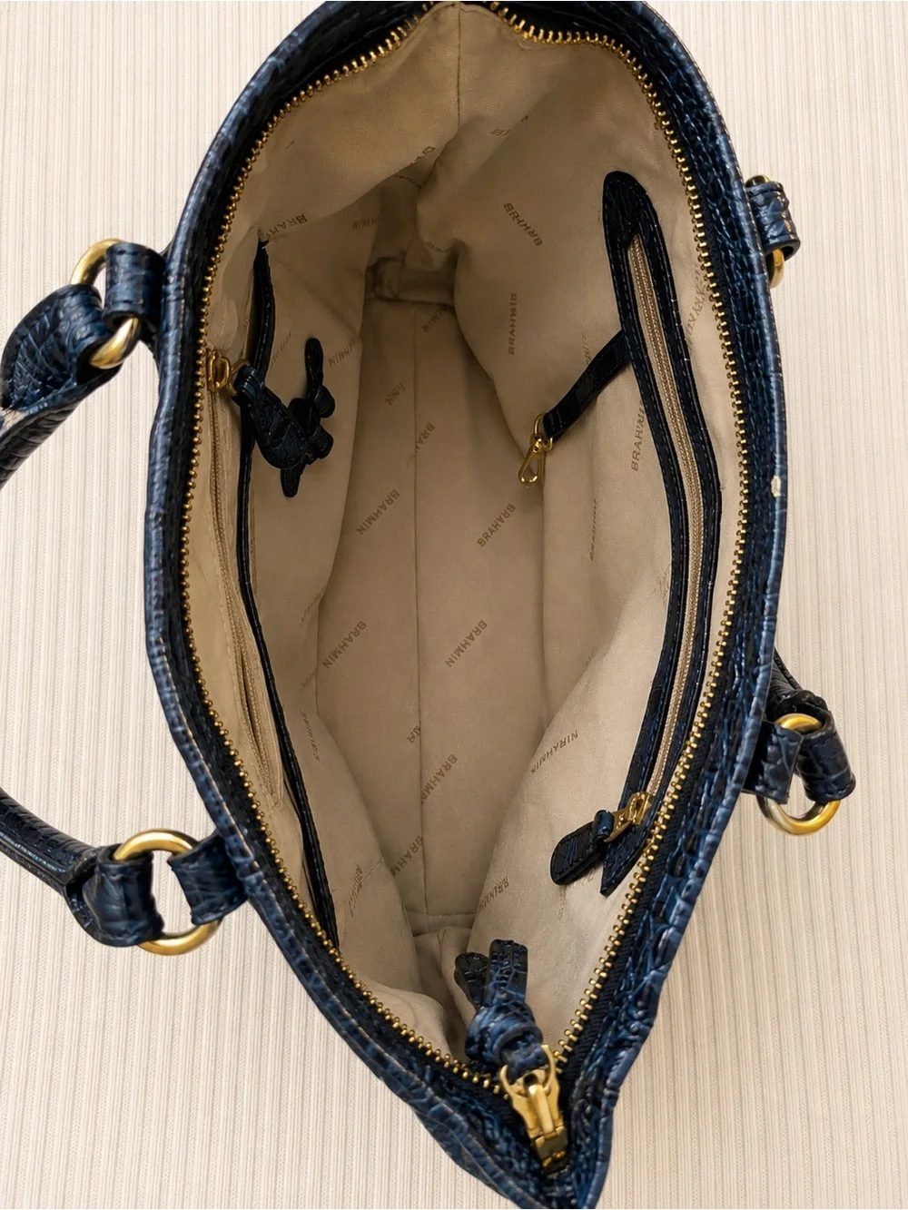 Brahmin Navy Croc-Embossed Satchel with Gold Hardware